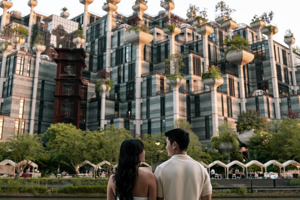 Angelia and Chris in front of 1000 Trees building in Shanghai