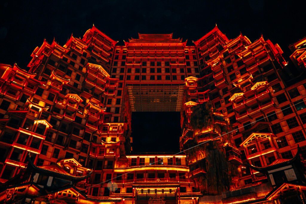 72 Strange Building glowing at night