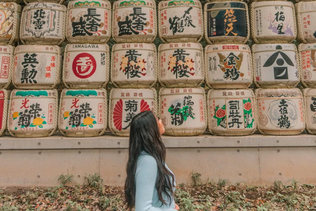 Rows of lanterns lining the entrance of Meiji Jingu Shrine, Japan.