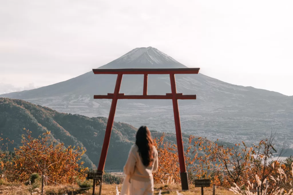 Angelia standing at Tenku no Torii (Torii Gate in the Sky) with Mt. Fuji in the background